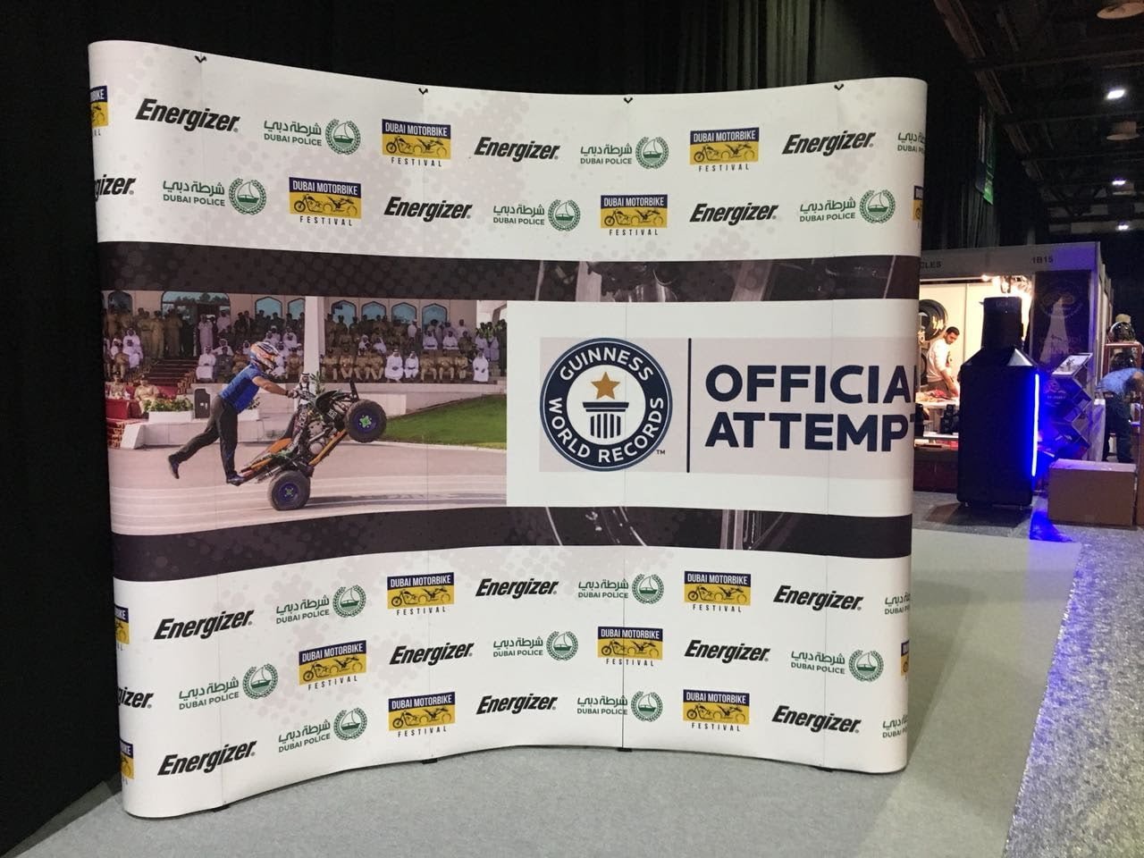 Curved pop-up stand for a Guinness World Records attempt at the Dubai Motorbike Festival